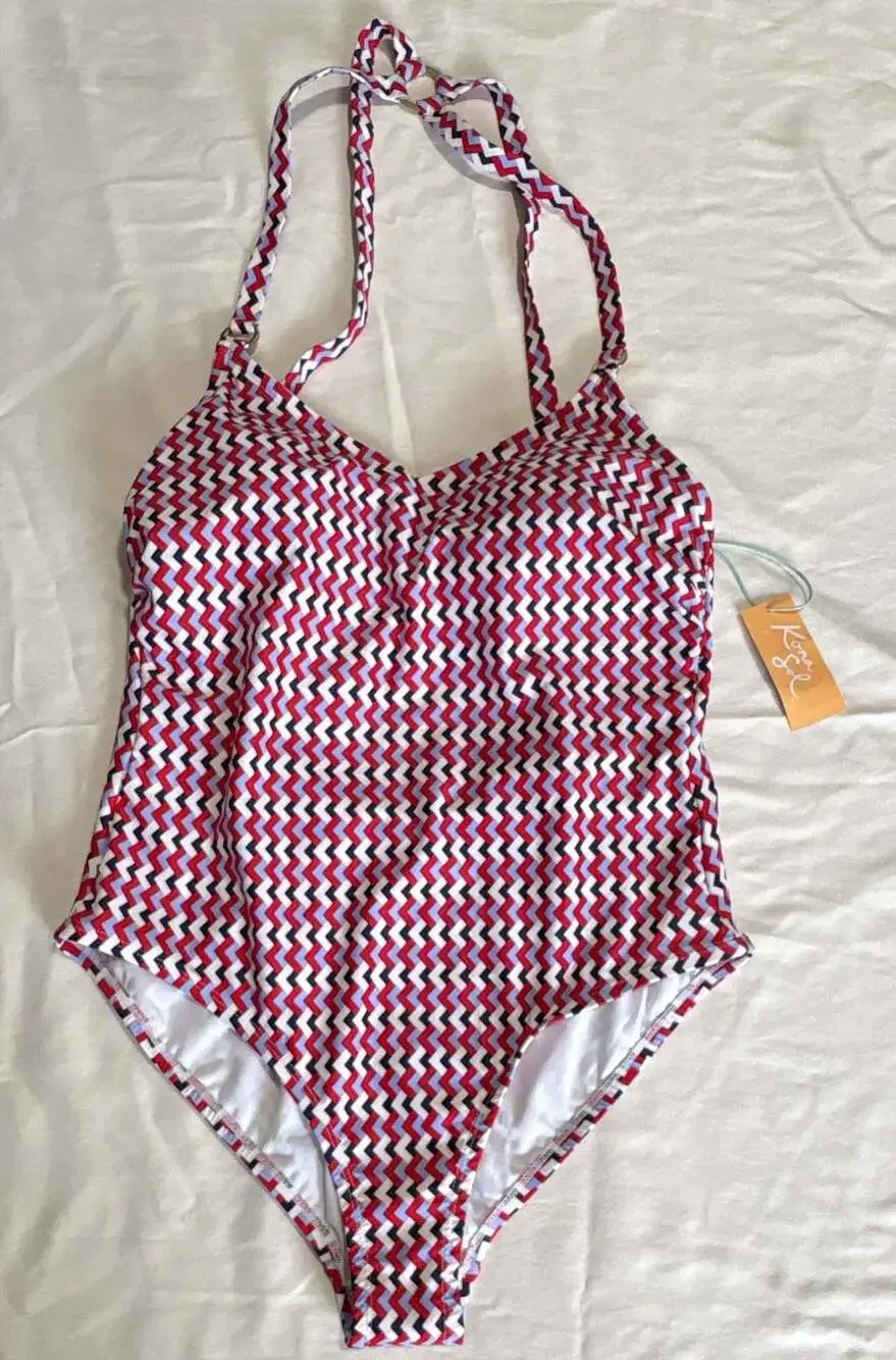 Kona Sol Red White Blue Chevron Ring One Piece Swimsuit Size 14 NWT